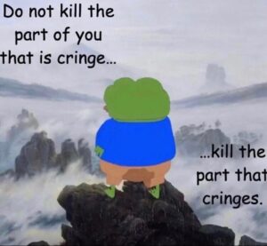 Frog cartoon overlooks misty mountains with motivational text.