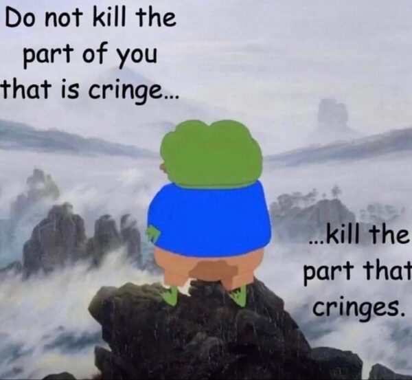 Frog cartoon overlooks misty mountains with motivational text.