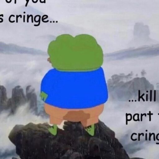 Frog meme about cringe on mountain ledge.